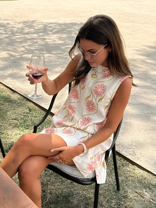 Elegant White Floral Linen Mini Dress for Women with High Neck Sleeveless Embroidered Flowing Style