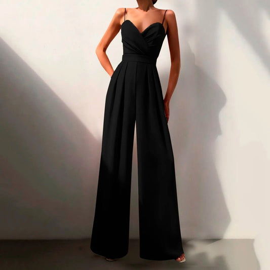 Elegant Wide Leg Jumpsuit for Women with Sweetheart Neck Spaghetti Strap Pleated Flowing Style