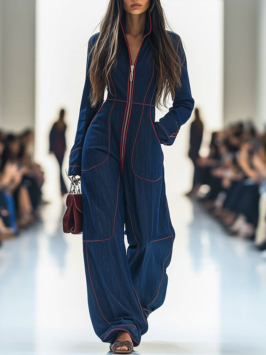 Effortless Dark Blue Denim Jumpsuit for Women with High Neck Long Sleeve Wide Leg Zip Front Style