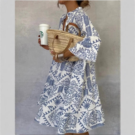 Effortless Printed Midi Shirt Dress for Women with V Neck Bell Sleeve Tiered Ruffle Bohemian Style