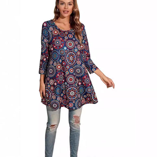 Effortless Mandala Print Tunic Top for Women with Scoop Neck Elbow Sleeve Flowing Swing Bohemian Style