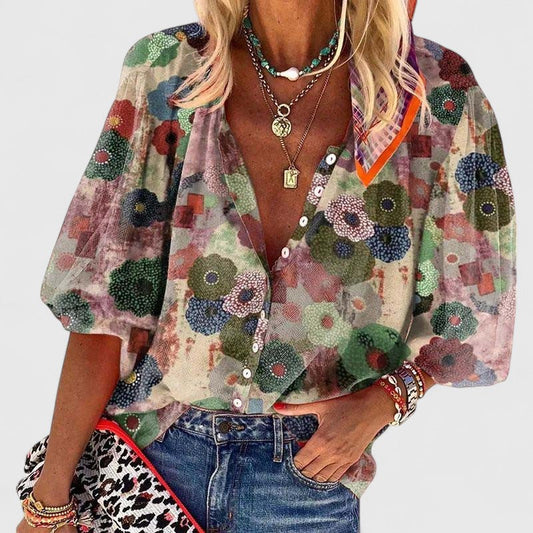 Effortless Green Floral Blouse for Women with V Neck Balloon Sleeve Button Front Bohemian Style